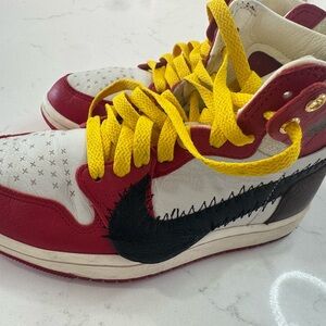 Red and White High-Top Sneakers with Yellow Laces